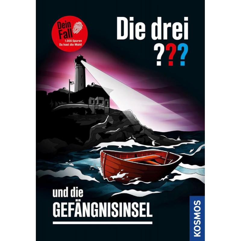 Rotes Ruderboot nähert sich nachts einer felsigen Insel mit Leuchtturm Schriftzug: KOSMOS Die drei ??? Gefängnisinsel.