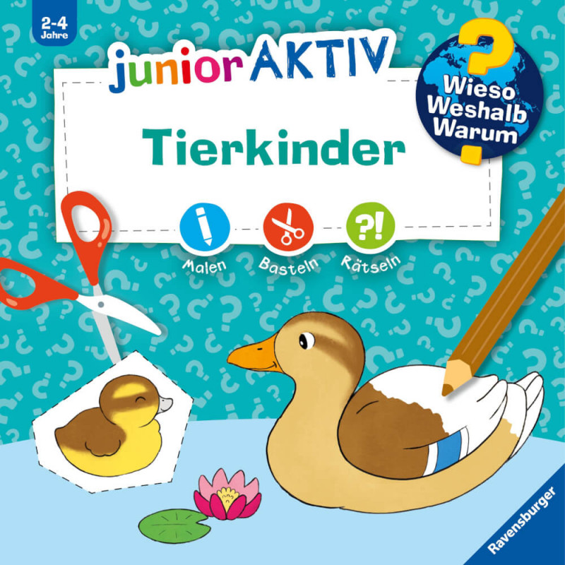 Ravensburger 60023 junior AKTIV Tierkinder Malbuch: Einband mit Ente, Küken, Schere und Bleistift.