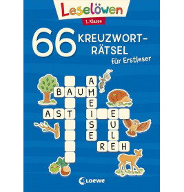 Deutsches Kreuzworträtselbuch-Cover mit Waldtieren und dem Titel 66 Kreuzworträtsel für Erstleser.