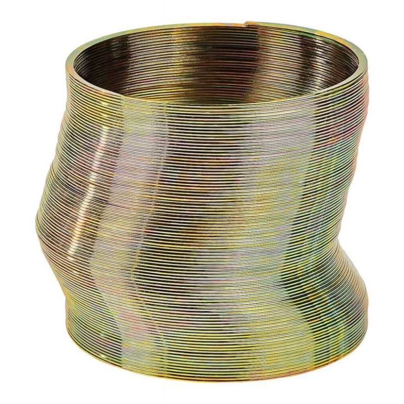 Ein metallisches Slinky-Spielzeug mit gewellter Form vor weißem Hintergrund.