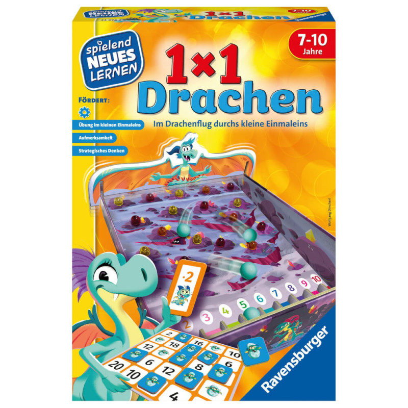 Bunte 1x1 Drachen Spieleschachtel von Ravensburger mit Cartoon-Drachen und Mathe-Thema für Kinder von 7-10 Jahren.