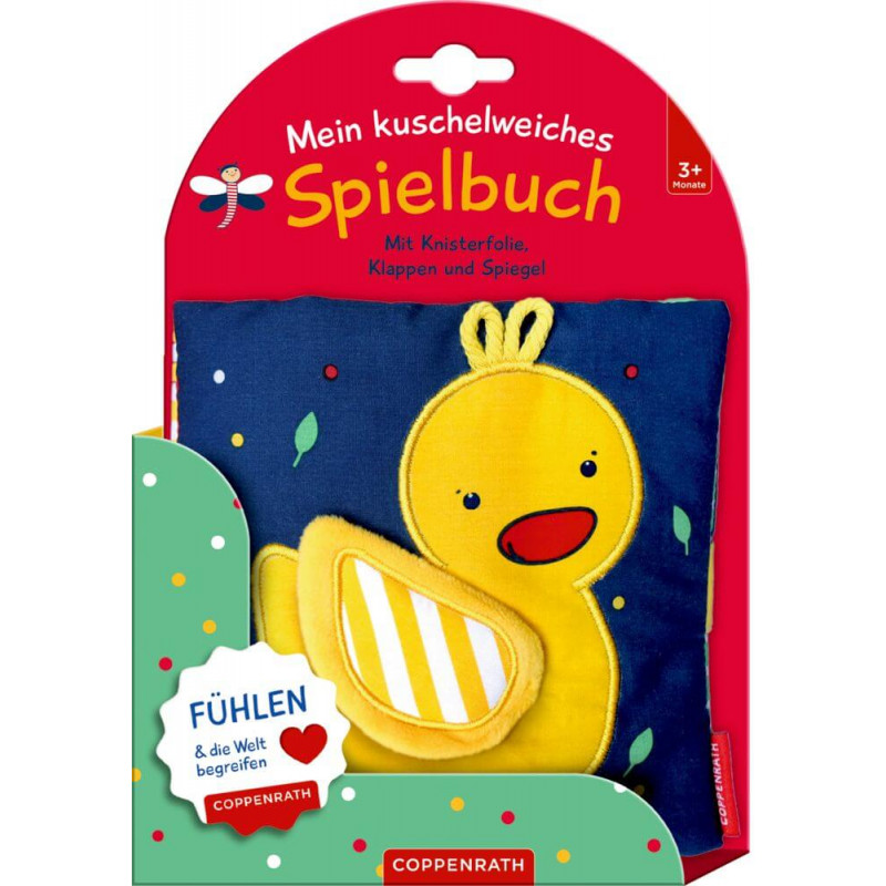 Weiches Babybuch mit gelbem Entchen auf dem Cover und der Aufschrift Mein Kuschelweiches Spielbuch auf Deutsch. Weiches Babybuch mit gelbem Entchen auf dem Cover und der Aufschrift Mein Kuschelweiches Spielbuch auf Deutsch.