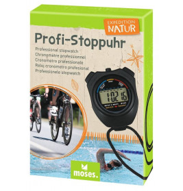 Box einer Profi-Stoppuhr mit Bildern von Radfahrern und einem Schwimmer, Marke Expedition Natur und moses.
