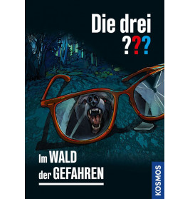 Eine zerbrochene Brille spiegelt einen fletschenden Wolf im dunklen Wald. Text: Die drei ??? Im Wald der Gefahren.