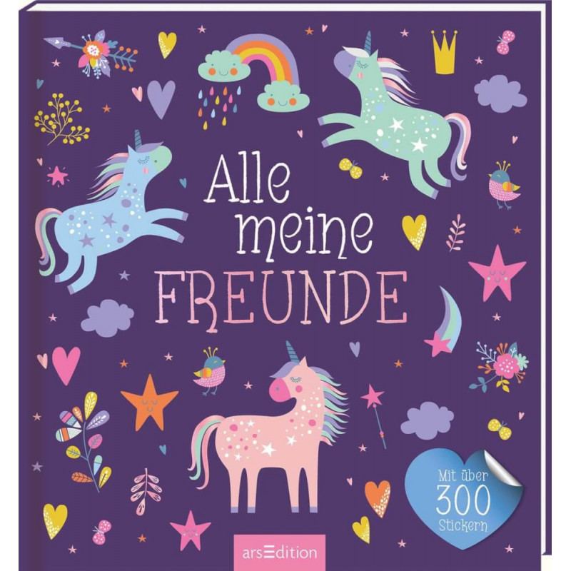 Lila Buchcover mit bunten Einhörnern, Herzen, Sternen und dem deutschen Titel Alle meine FREUNDE.