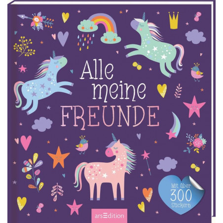 Lila Buchcover mit bunten Einhörnern, Herzen, Sternen und dem deutschen Titel Alle meine FREUNDE.