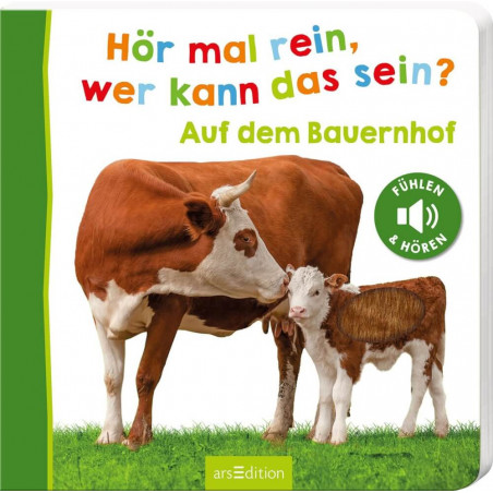 Kuh und Kalb stehen auf einer Wiese. Text: Hör mal rein, wer kann das sein? Auf dem Bauernhof. Kuh und Kalb stehen auf einer Wiese. Text: Hör mal rein, wer kann das sein? Auf dem Bauernhof.