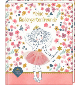 Buchcover: Ein Feenmädchen im rosa Rock vor Blumenhintergrund, Titel Meine Kindergartenfreunde auf Deutsch.