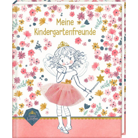 Buchcover: Ein Feenmädchen im rosa Rock vor Blumenhintergrund, Titel Meine Kindergartenfreunde auf Deutsch.