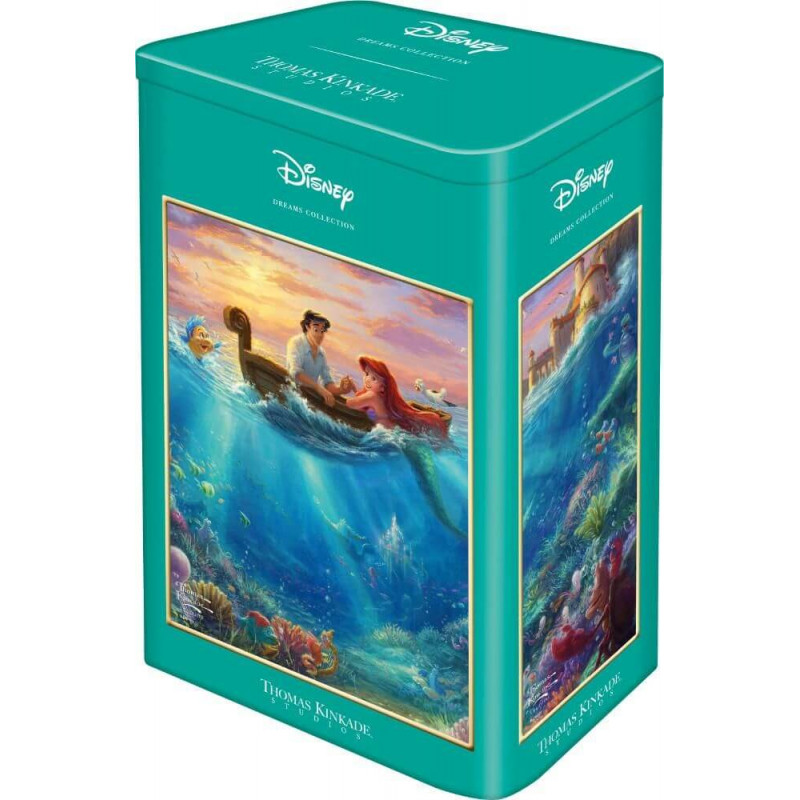 Türkise Disney-Dose mit Arielle und Eric aus Die kleine Meerjungfrau in einem Boot auf buntem Wasser. Türkise Disney-Dose mit Arielle und Eric aus Die kleine Meerjungfrau in einem Boot auf buntem Wasser.