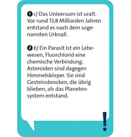 Sprechblase mit zwei wissenschaftlichen Fakten über das Universum und Parasiten auf Deutsch.