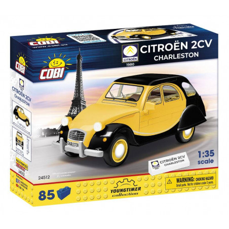 Cobi Citroën 2CV Charleston Bauset: Gelb-schwarzes Automodell vor dem Eiffelturm auf der Verpackung.