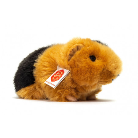 Das Teddy Hermann Meerschweinchen in Schwarz/Gold (20 cm) ist ein weiches Plüschtier für Kinder, abgebildet auf Weiß.