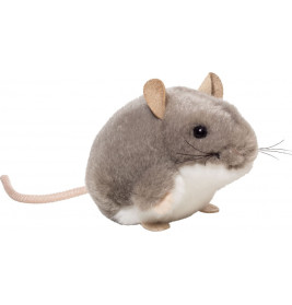 Die Teddy Hermann Maus grau (9 cm) ist ein weiches Plüschtier für Babys und Kleinkinder auf weißem Hintergrund.