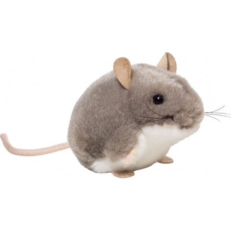 Die Teddy Hermann Maus grau (9 cm) ist ein weiches Plüschtier für Babys und Kleinkinder auf weißem Hintergrund.