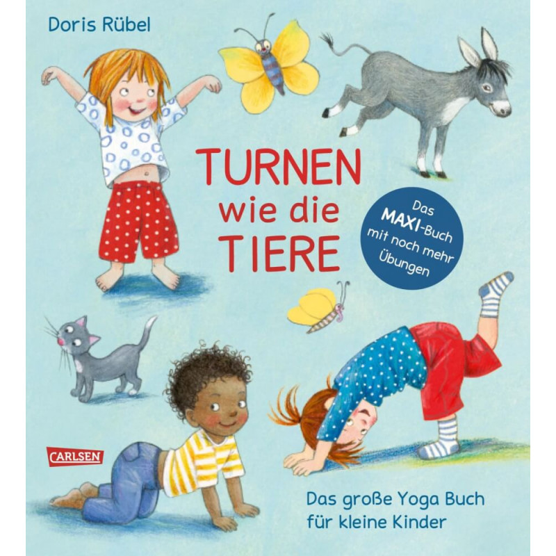 Kinder machen Tierposen mit Esel, Katze und Schmetterling auf dem Cover eines deutschen Yoga-Buchs für Kinder.
