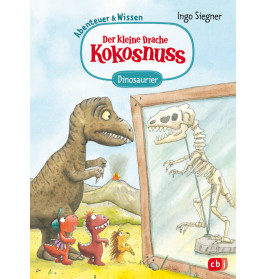 Drei Cartoon-Dinosaurier betrachten ein Dinosaurierskelett in einer Glasvitrine im Museum.
