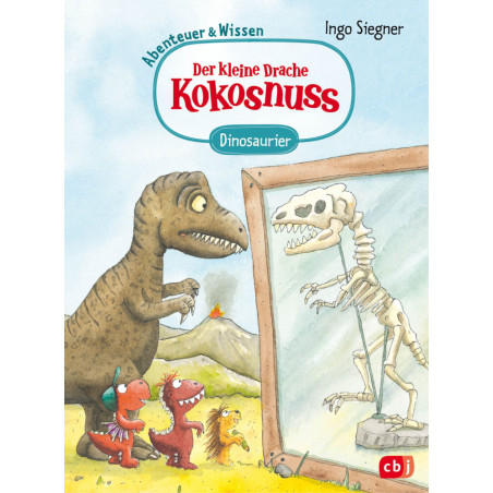 Drei Cartoon-Dinosaurier betrachten ein Dinosaurierskelett in einer Glasvitrine im Museum.