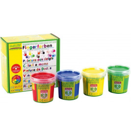 Vier Töpfe Fingerfarbe in Rot, Blau, Grün und Gelb stehen vor der Verpackung.