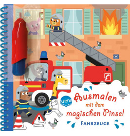 Feuerwehrleute retten Tiere aus brennendem Gebäude mit Feuerwehrauto auf deutschem Malbuch für Kinder.