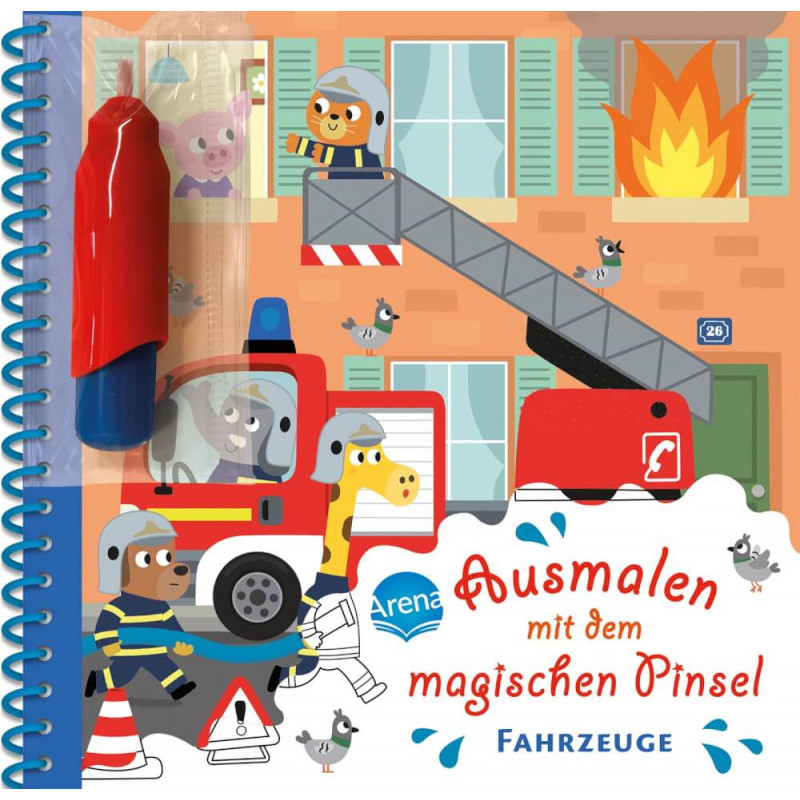 Feuerwehrleute retten Tiere aus brennendem Gebäude mit Feuerwehrauto auf deutschem Malbuch für Kinder.