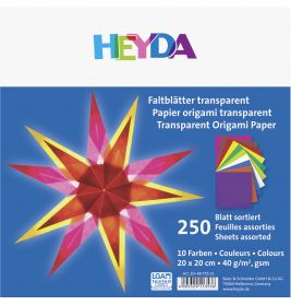 HEYDA Transparent-Origamipapier, Packung mit buntem Stern und Papierbögen abgebildet.