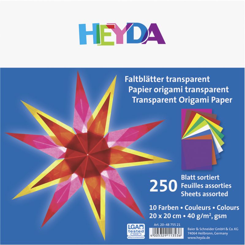 HEYDA Transparent-Origamipapier, Packung mit buntem Stern und Papierbögen abgebildet. HEYDA Transparent-Origamipapier, Packung mit buntem Stern und Papierbögen abgebildet.
