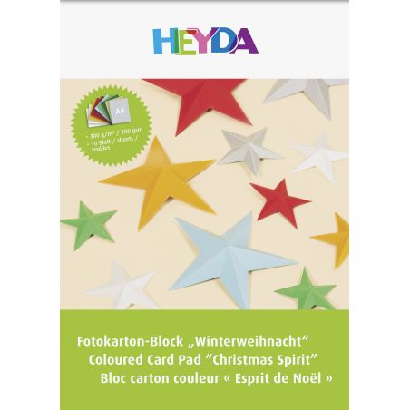 Bunte 3D-Papiersterne auf beigem Hintergrund, darunter HEYDA-Logo und Produktinformationen.