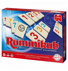 Rummikub-Spielschachtel mit nummerierten Spielsteinen und dem Slogan "Bringt Menschen zusammen".