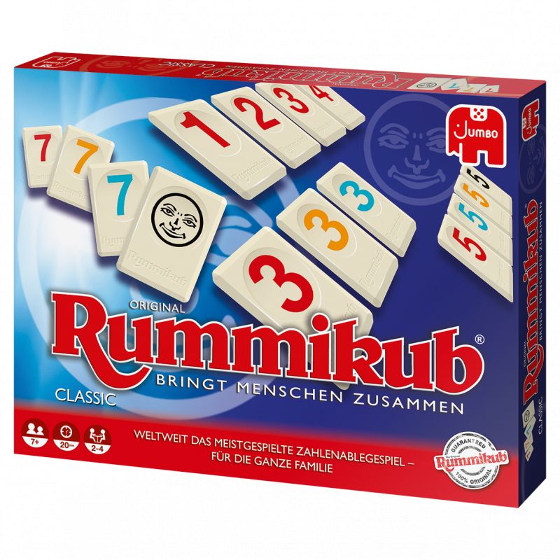 Rummikub-Spielschachtel mit nummerierten Spielsteinen und dem Slogan "Bringt Menschen zusammen".