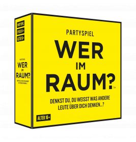 Gelbe Partyspiel-Box mit schwarzem Aufdruck WER IM RAUM? für Personen ab 16 Jahren.
