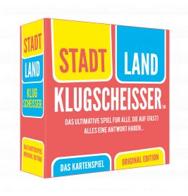 Bunte Spielschachtel von Stadt Land Klugscheisser mit kräftiger Schrift und leuchtenden Farbblöcken.