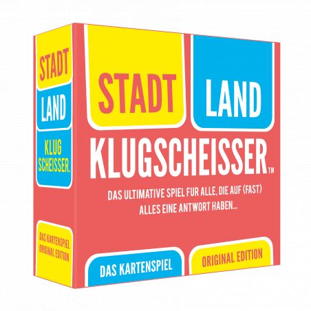 Bunte Spielschachtel von Stadt Land Klugscheisser mit kräftiger Schrift und leuchtenden Farbblöcken.