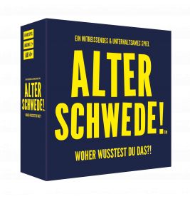 Dunkelblaue Spielbox mit großem gelbem Schriftzug: Alter Schwede! Woher wusstest du das?!.
