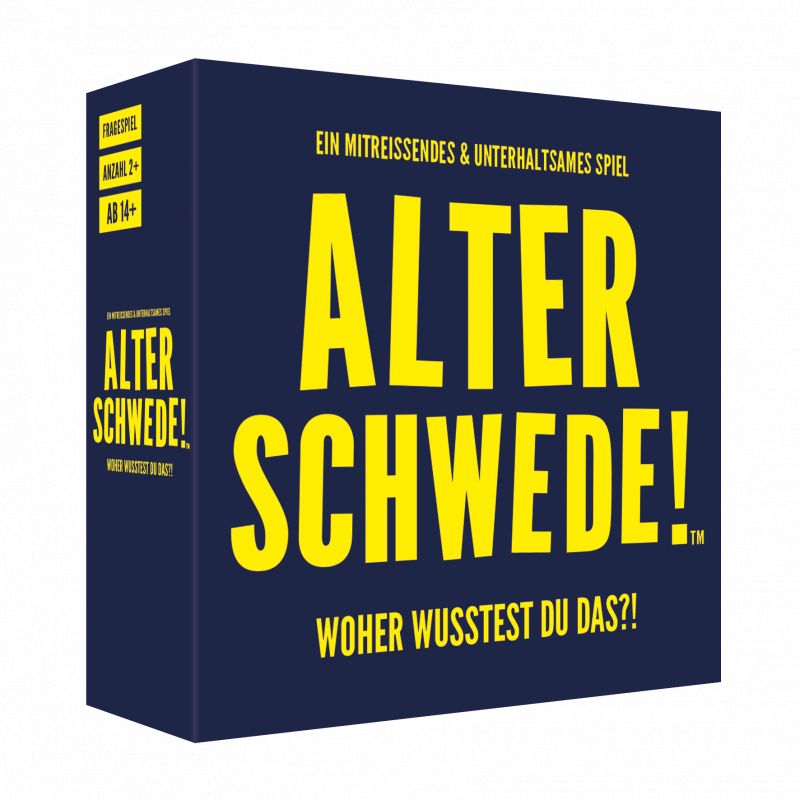 Dunkelblaue Spielbox mit großem gelbem Schriftzug: Alter Schwede! Woher wusstest du das?!. Dunkelblaue Spielbox mit großem gelbem Schriftzug: Alter Schwede! Woher wusstest du das?!.
