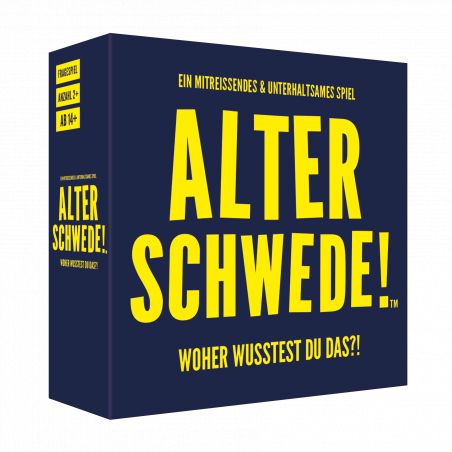 Dunkelblaue Spielbox mit großem gelbem Schriftzug: Alter Schwede! Woher wusstest du das?!.