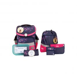 Dunkelblau-pinkes Schulrucksack-Set mit Brotdose, Turnbeutel, Täschchen und Hundemotiven.