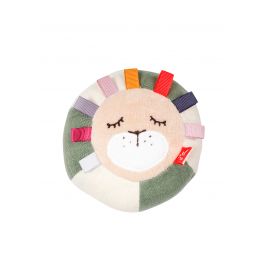 Rundes Plüsch-Löwengesicht mit geschlossenen Augen, bunter Bandmähne sowie grünen und cremefarbenen Elementen.