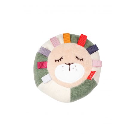 Rundes Plüsch-Löwengesicht mit geschlossenen Augen, bunter Bandmähne sowie grünen und cremefarbenen Elementen. Rundes Plüsch-Löwengesicht mit geschlossenen Augen, bunter Bandmähne sowie grünen und cremefarbenen Elementen.