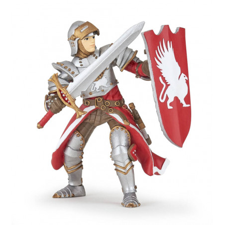 Ritter in silberner Rüstung mit Schwert und rotem Schild samt weißem Greif bereit zum Kampf.