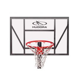 Rechteckiges Basketballbrett mit rotem Ring, weißem Netz und Hudora-Logo oben.