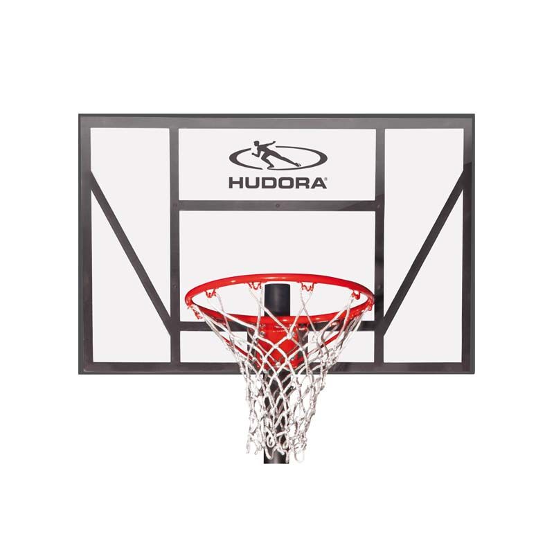 Rechteckiges Basketballbrett mit rotem Ring, weißem Netz und Hudora-Logo oben. Rechteckiges Basketballbrett mit rotem Ring, weißem Netz und Hudora-Logo oben.