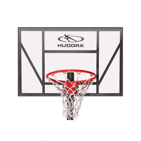 Rechteckiges Basketballbrett mit rotem Ring, weißem Netz und Hudora-Logo oben. Rechteckiges Basketballbrett mit rotem Ring, weißem Netz und Hudora-Logo oben.
