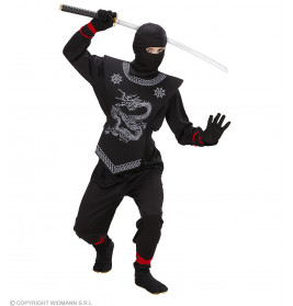 SCHWARZER NINJA" 116 - (Oberteil mit Bändern, Hose mit Bändern, Brustschutz, Maske)