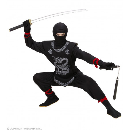 SCHWARZER NINJA" 116 - (Oberteil mit Bändern, Hose mit Bändern, Brustschutz, Maske)