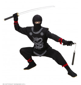 SCHWARZER NINJA (Oberteil mit Bändern, Hose mit Bändern, Brustschutz, Maske) (140 cm / 8-10 Years)