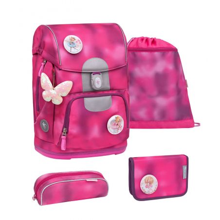Pinkes Schulranzen-Set mit Schmetterlings- und Feenmotiven, passendem Mäppchen, Geldbörse und Turnbeutel. Pinkes Schulranzen-Set mit Schmetterlings- und Feenmotiven, passendem Mäppchen, Geldbörse und Turnbeutel.