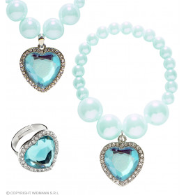 SET MIT HELLBLAUE PERLENKETTE, OHRRINGE UND RING MIT PERLEN UND HERZJUWEL