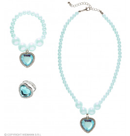 SET MIT HELLBLAUE PERLENKETTE, OHRRINGE UND RING MIT PERLEN UND HERZJUWEL