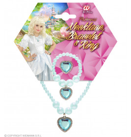 SET MIT HELLBLAUE PERLENKETTE, OHRRINGE UND RING MIT PERLEN UND HERZJUWEL